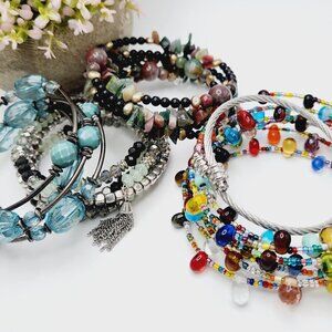 Memory Wire Wrap Beaded Boho Gemstone Glass 4 pc Bracelet Lot